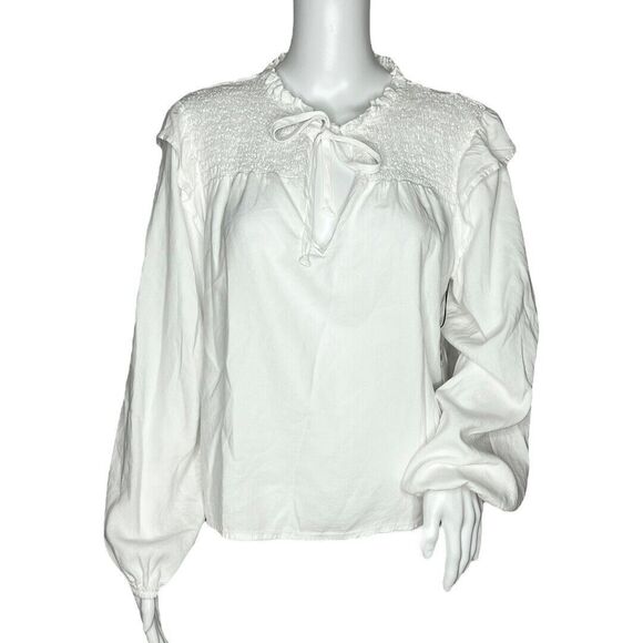 Bella Dahl Shirt Women Medium White Smocked Ruffle Pullover Neutral Boho Peasant - Picture 1 of 12